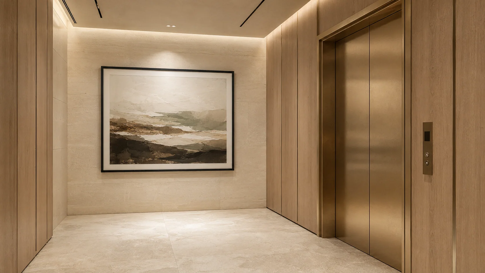 Sample elevator bank with landscape anchor artwork
