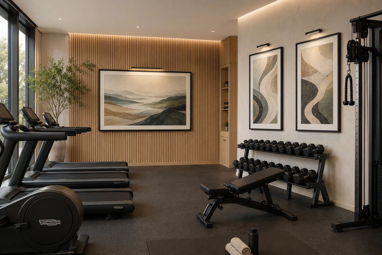 Sample fitness center with landscape and abstract artwork