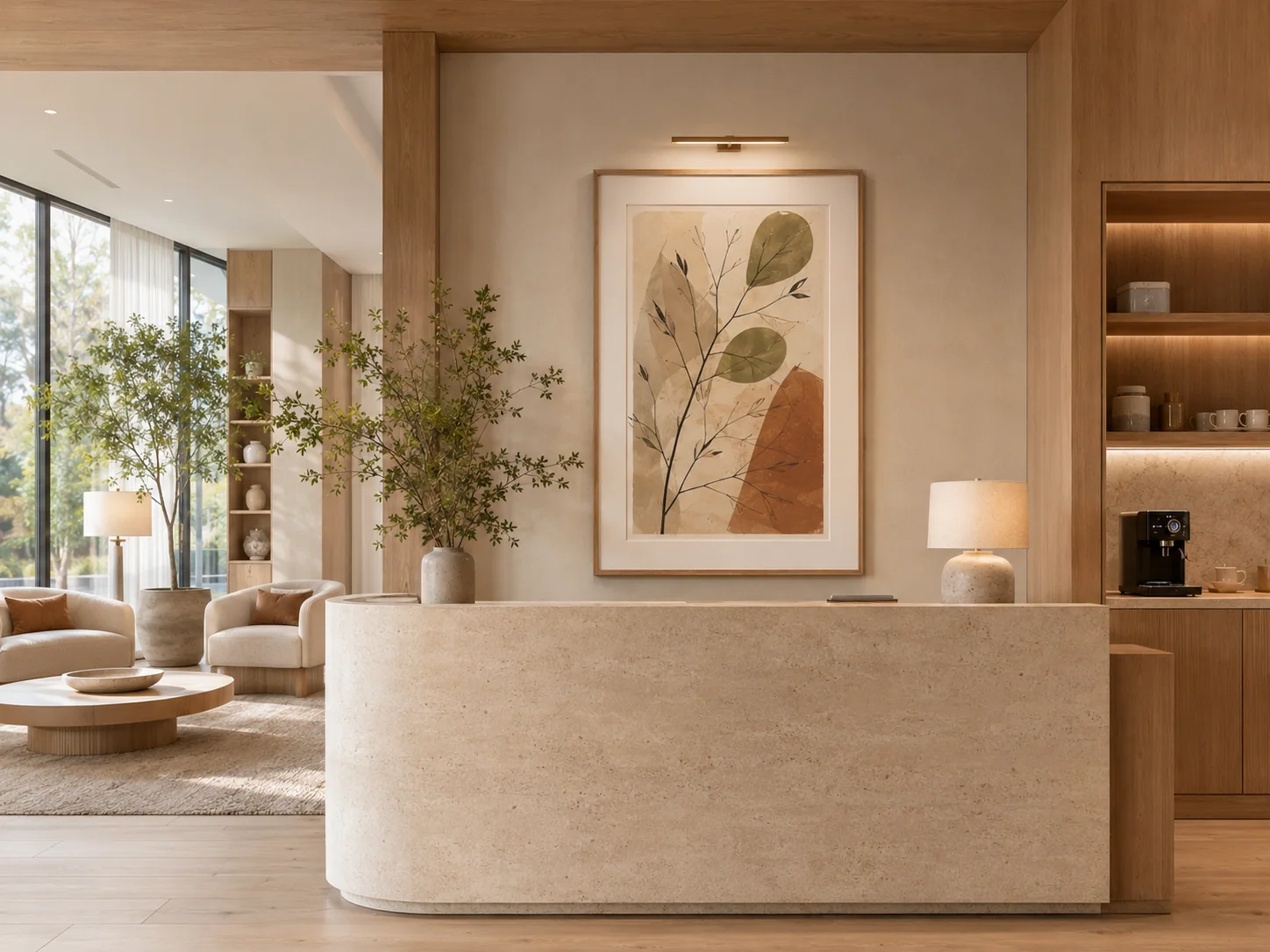 Sample leasing reception with vertical feature artwork