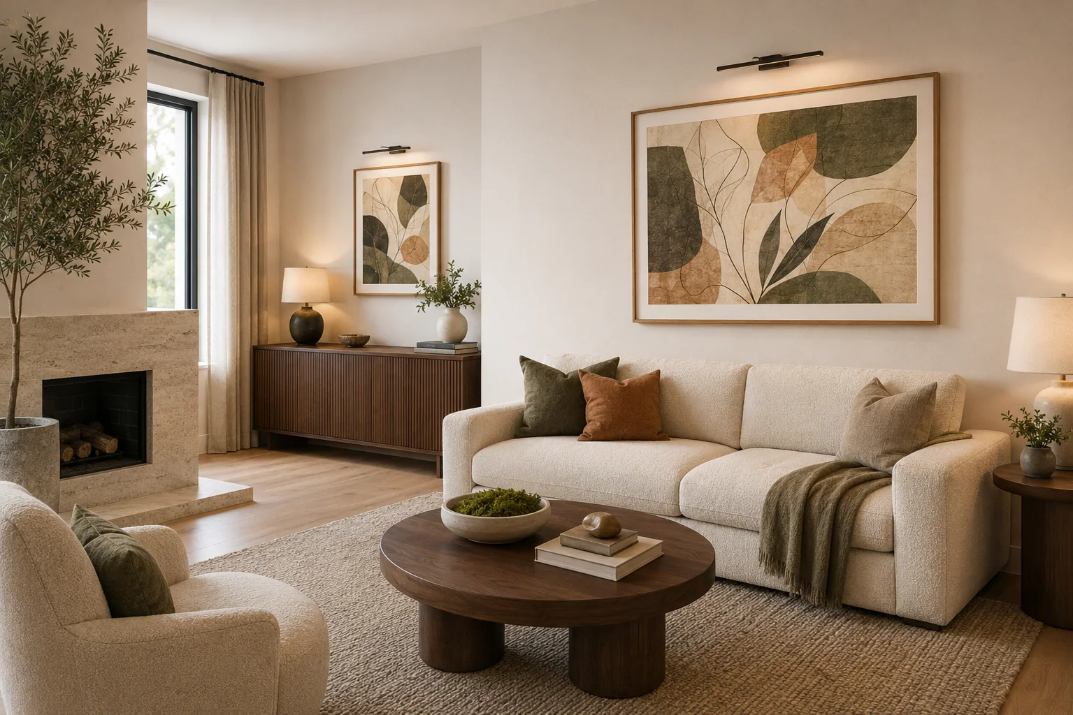 Sample model-unit living room with warm botanical artwork