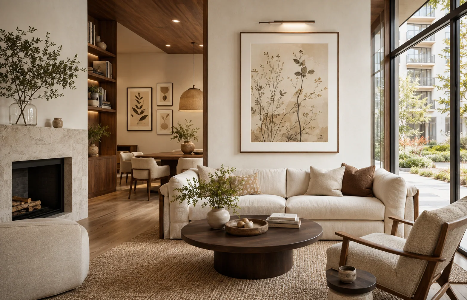 Botanical statement artwork in a model-unit living room