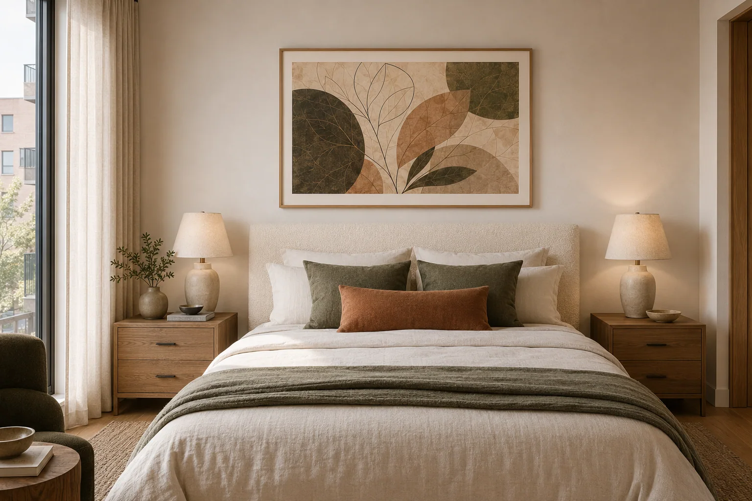 Sample primary bedroom with statement artwork