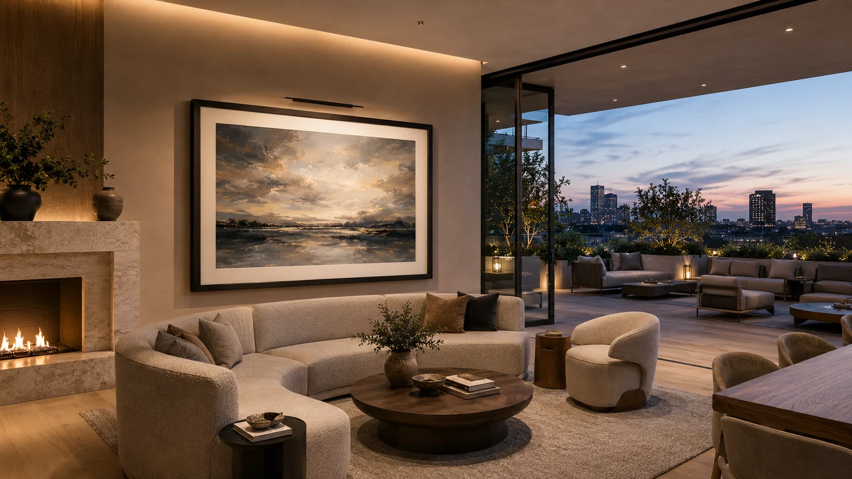 Sample rooftop lounge with panoramic landscape artwork