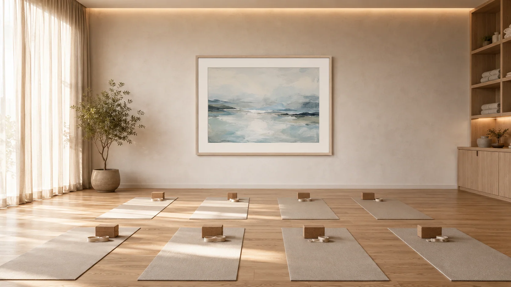 Sample yoga studio with quiet landscape artwork