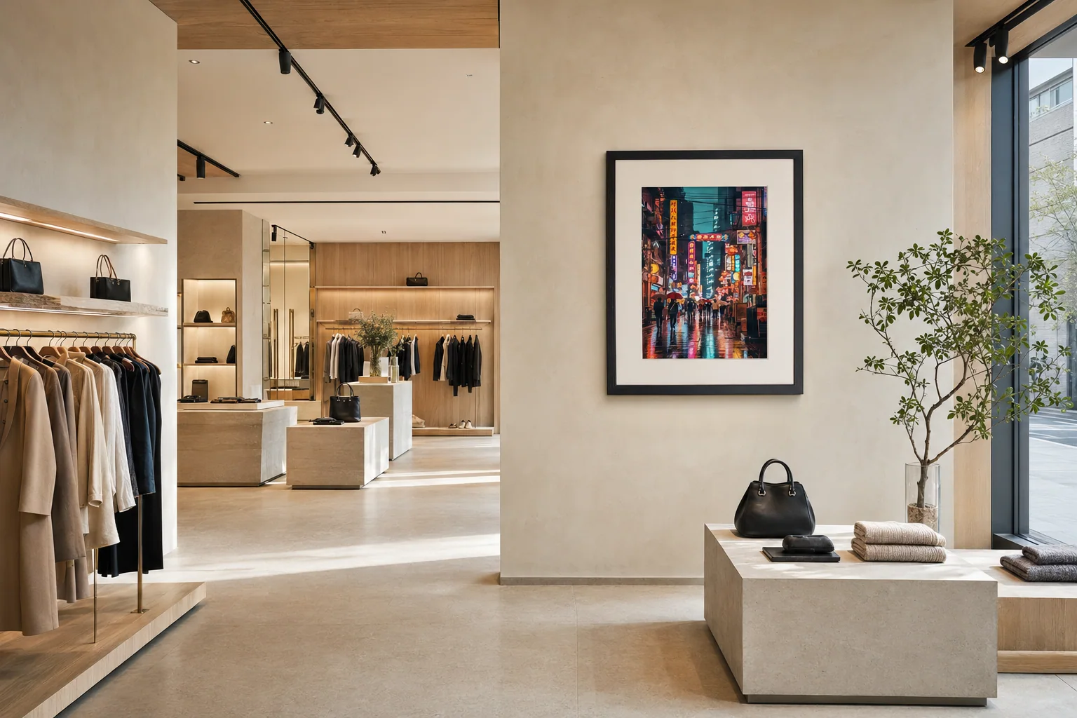 Boutique retail interior with a framed focal artwork