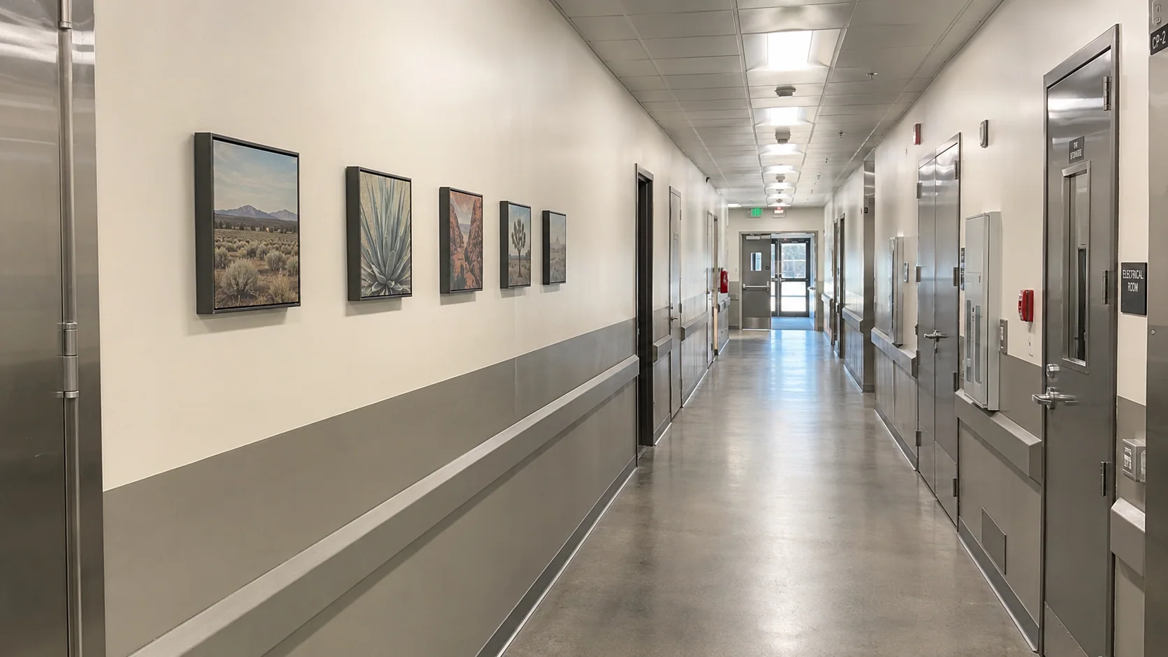 Commercial corridor with a sequence of framed artworks