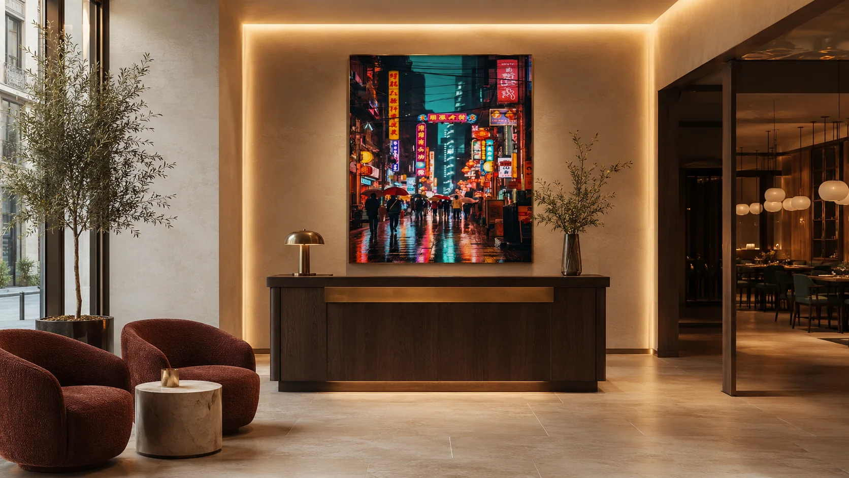 Restaurant host stand with illuminated feature artwork