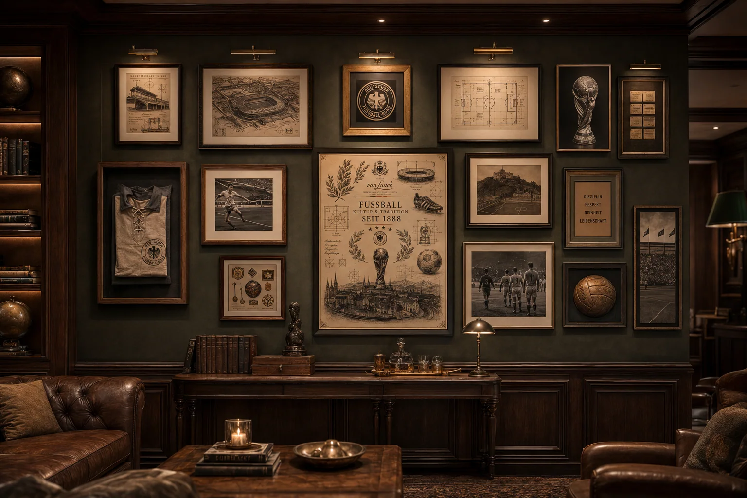 Private club lounge with a heritage-style gallery wall