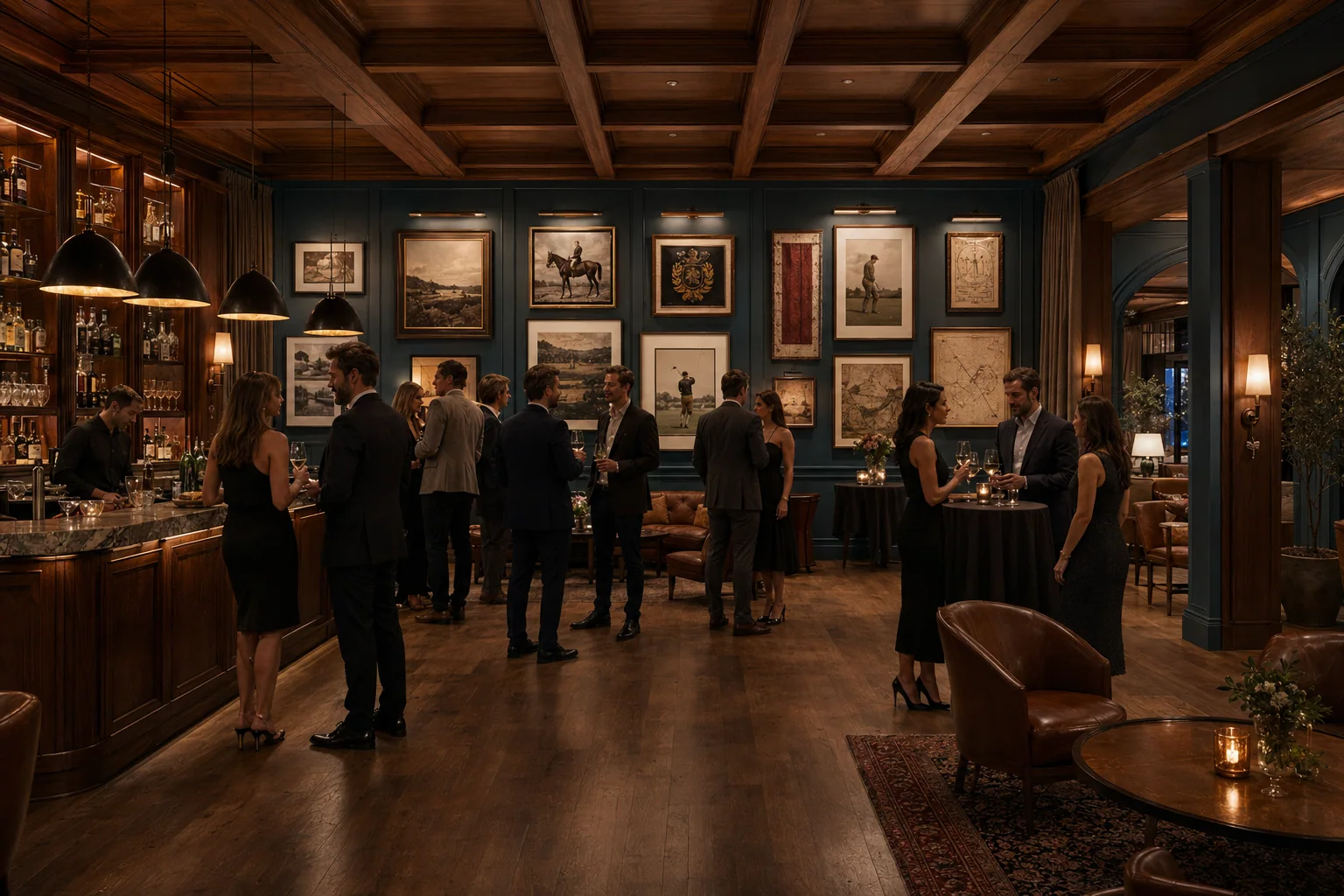Private club social room with artwork and guests
