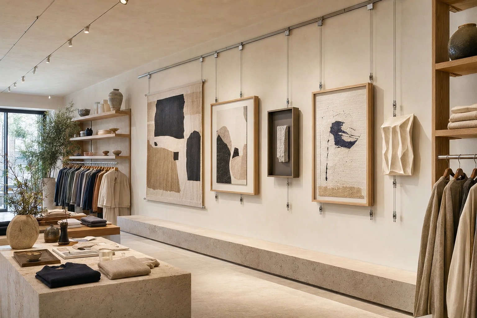 Retail interior with an artwork collection above apparel displays