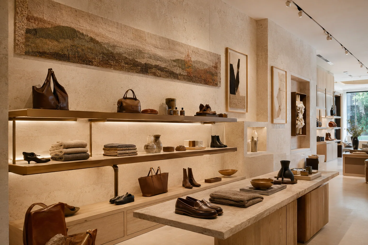 Boutique display wall with coordinated artwork and merchandise