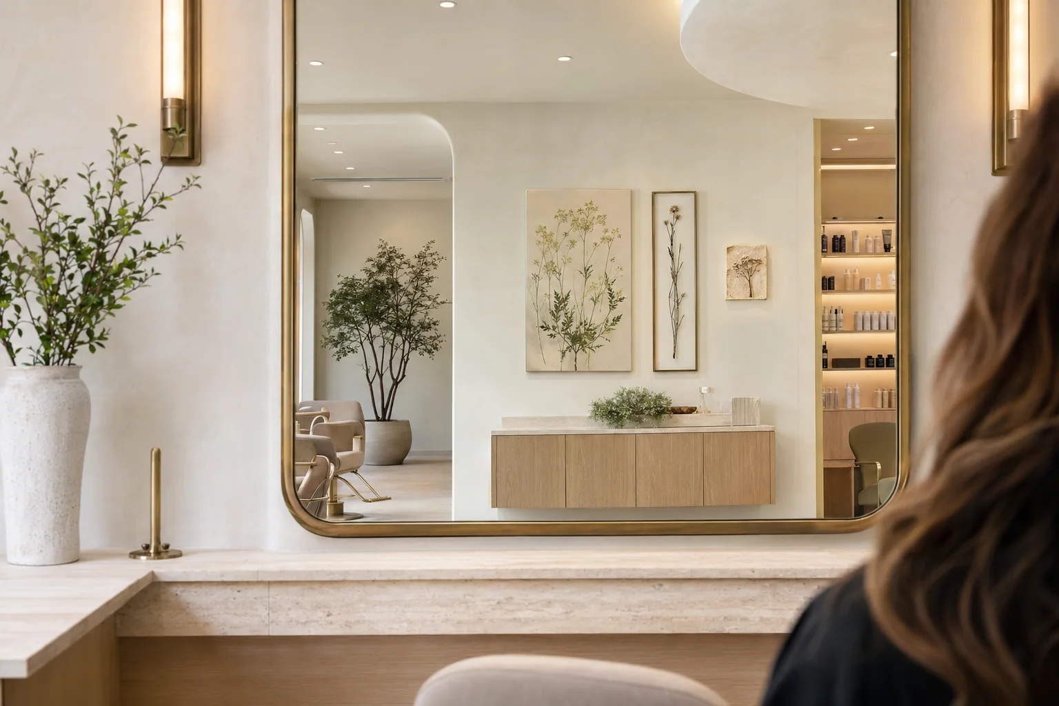 Salon consultation area reflected in a large mirror