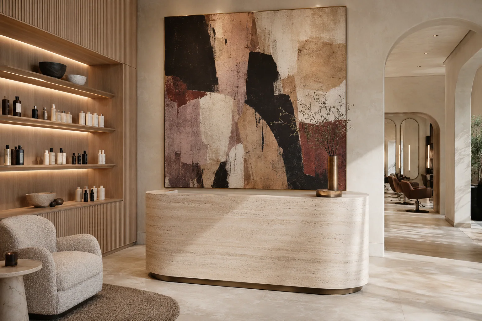 Salon reception desk with a large abstract artwork