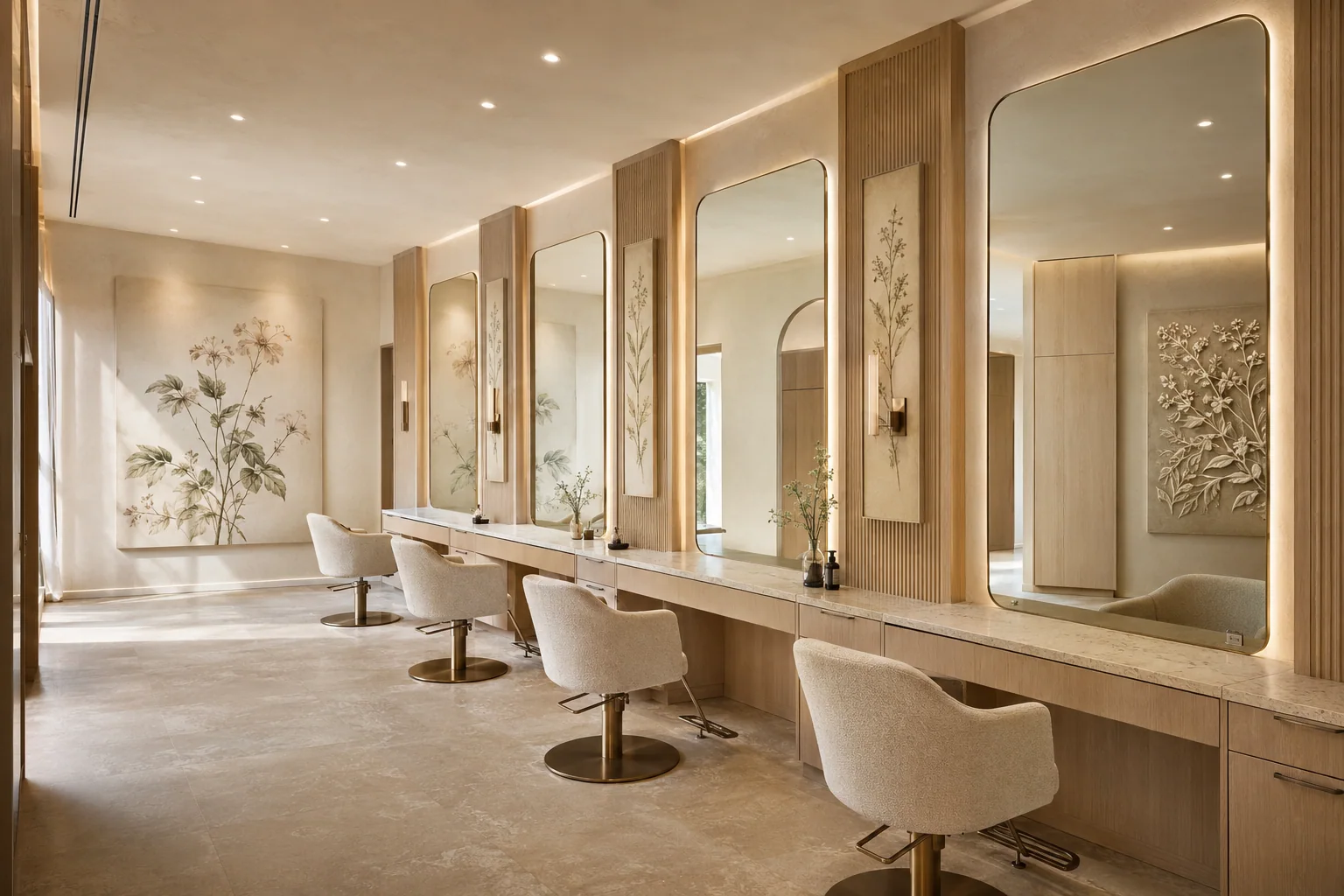 Salon styling stations with a quiet botanical artwork