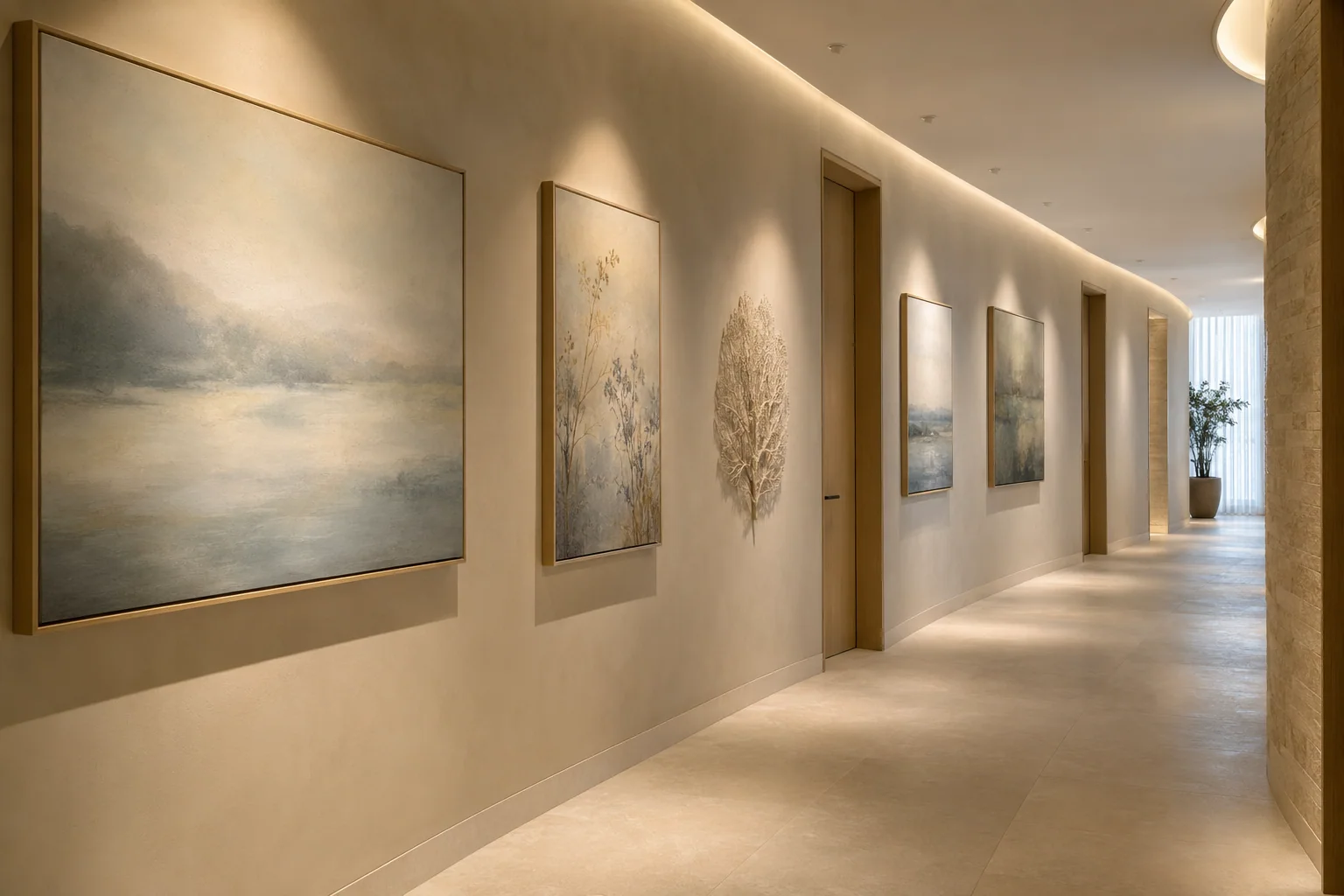 Spa corridor with a softly lit artwork sequence