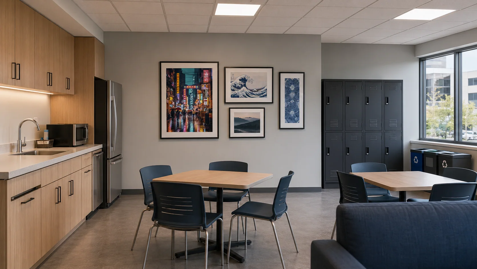 Commercial staff room with a colorful artwork grouping