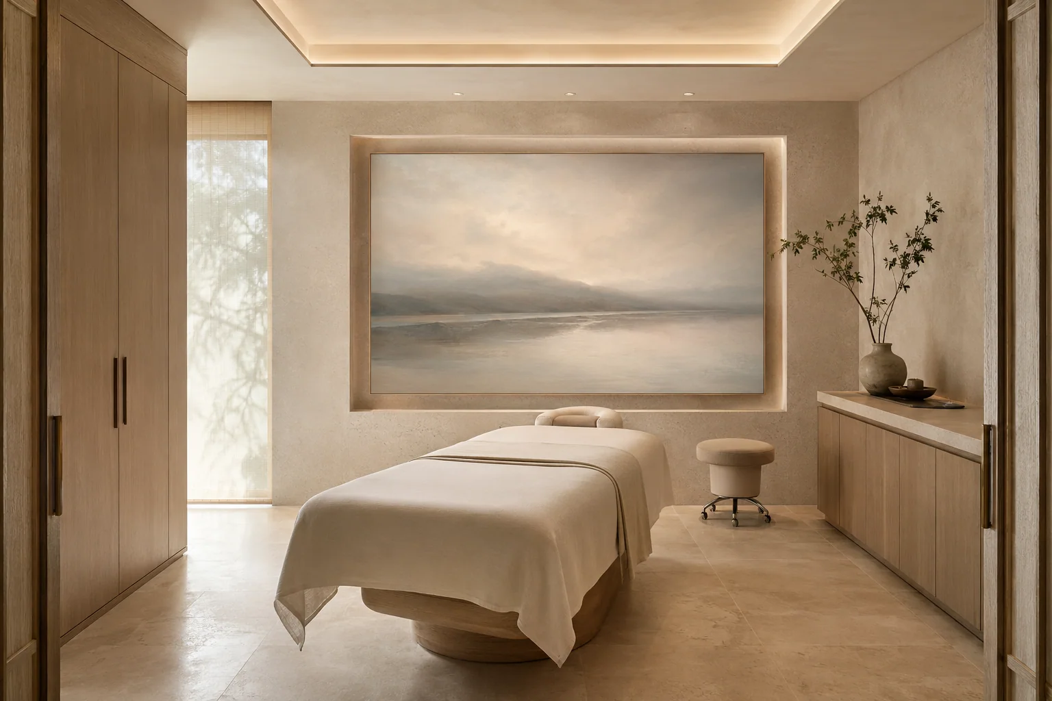 Spa treatment room with a quiet horizon artwork
