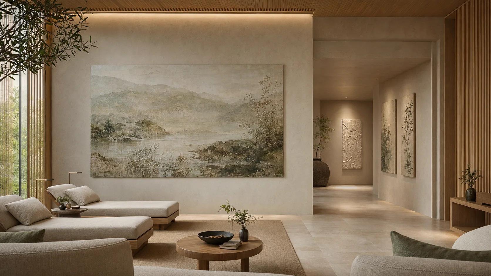 Wellness reception and lounge with a large landscape artwork