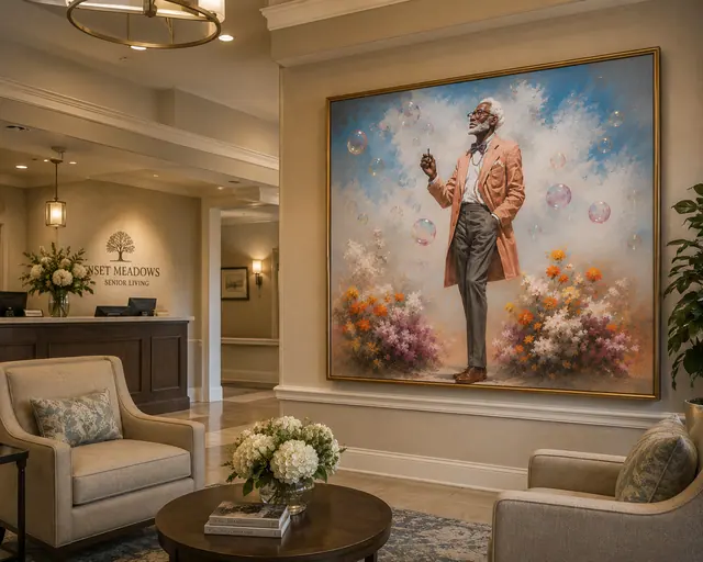 Gentleman Among Bubbles Lounge, senior living artwork application