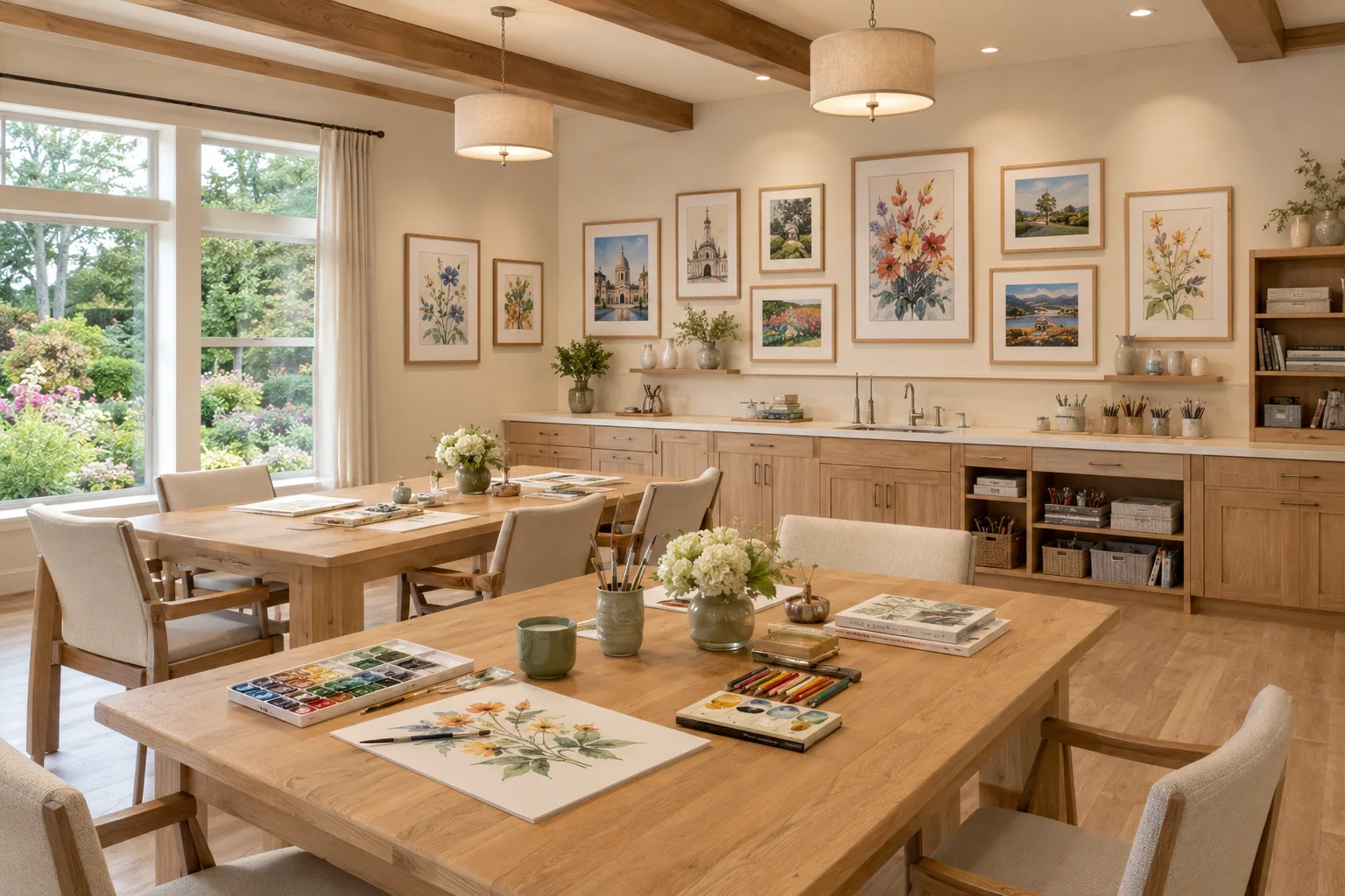 Senior living art and activity studio with local and botanical artwork