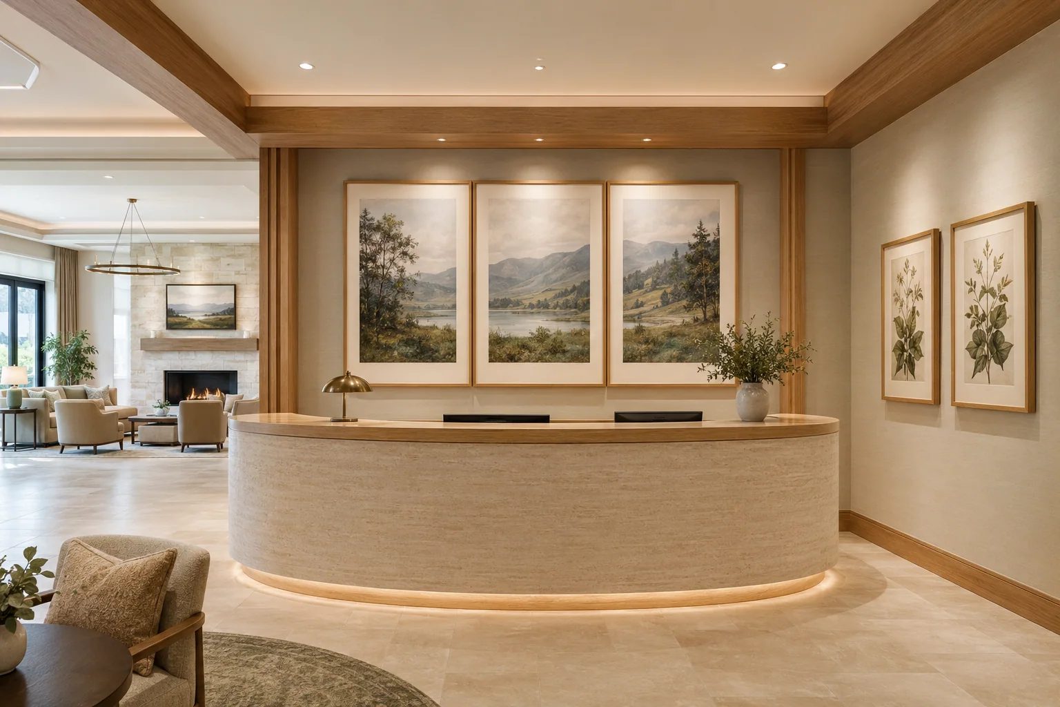 Reception desk with a coordinated landscape triptych