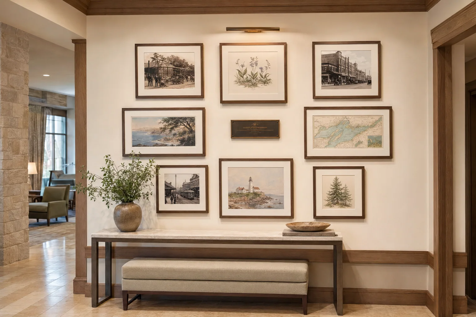 Community reception wall with a local-story artwork grouping