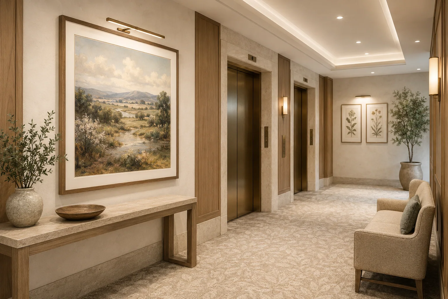 Elevator bank with a large landscape artwork anchor