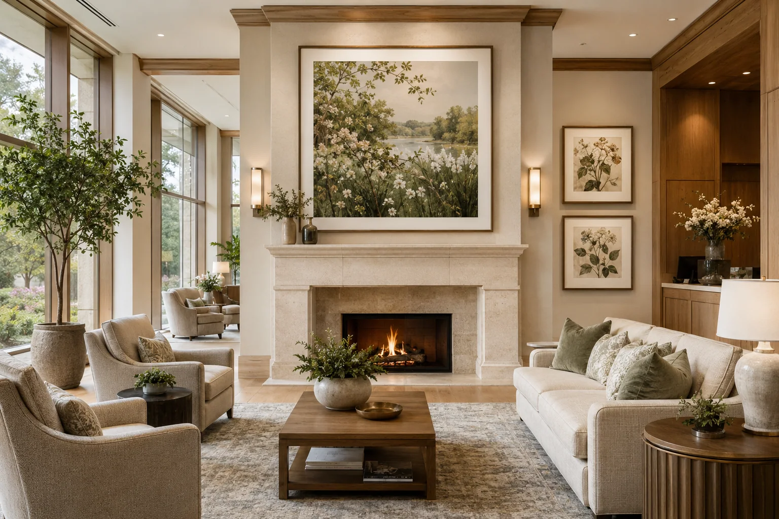 Fireside senior living lounge with coordinated landscape and botanical artwork