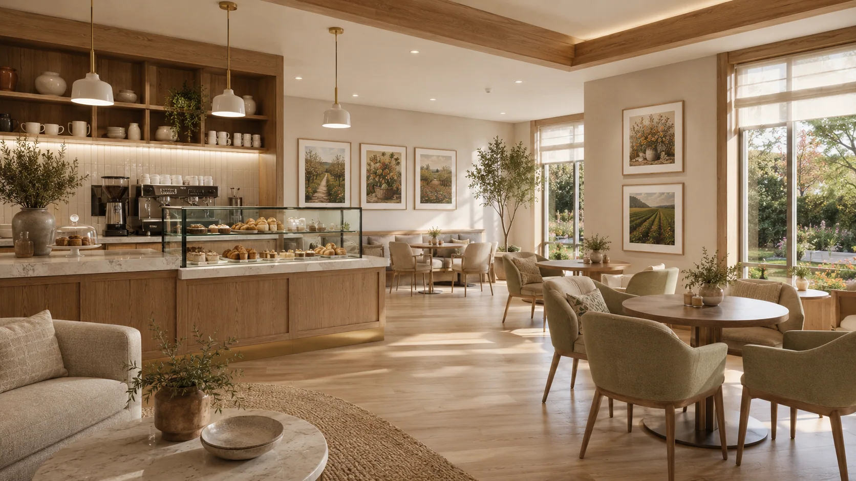 Senior living café with warm landscape and botanical artwork