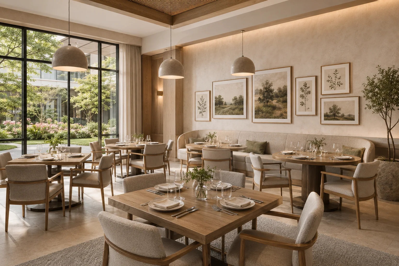 Senior living dining room with a coordinated garden artwork collection