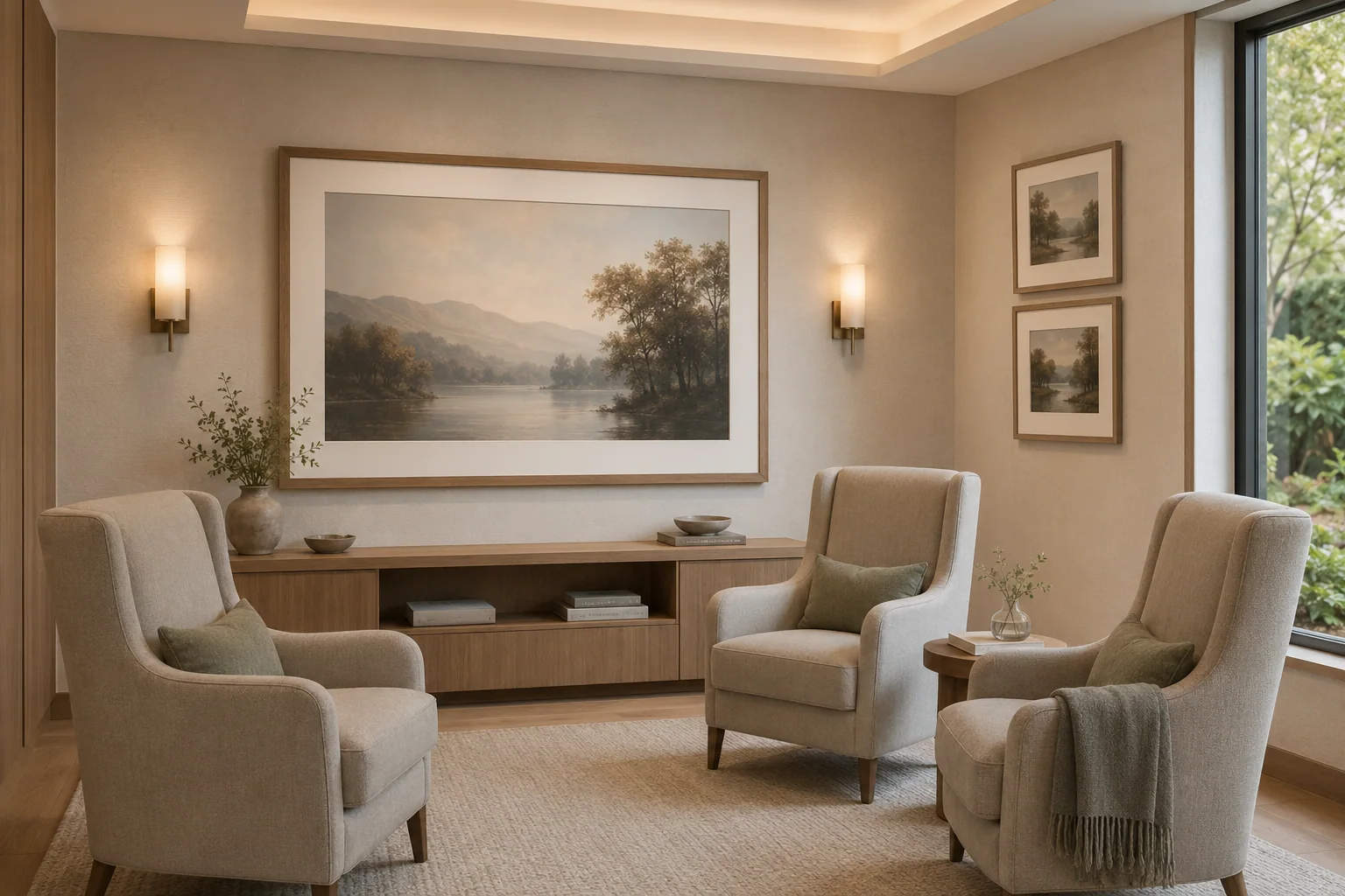 Quiet reflection room with low-glare landscape artwork