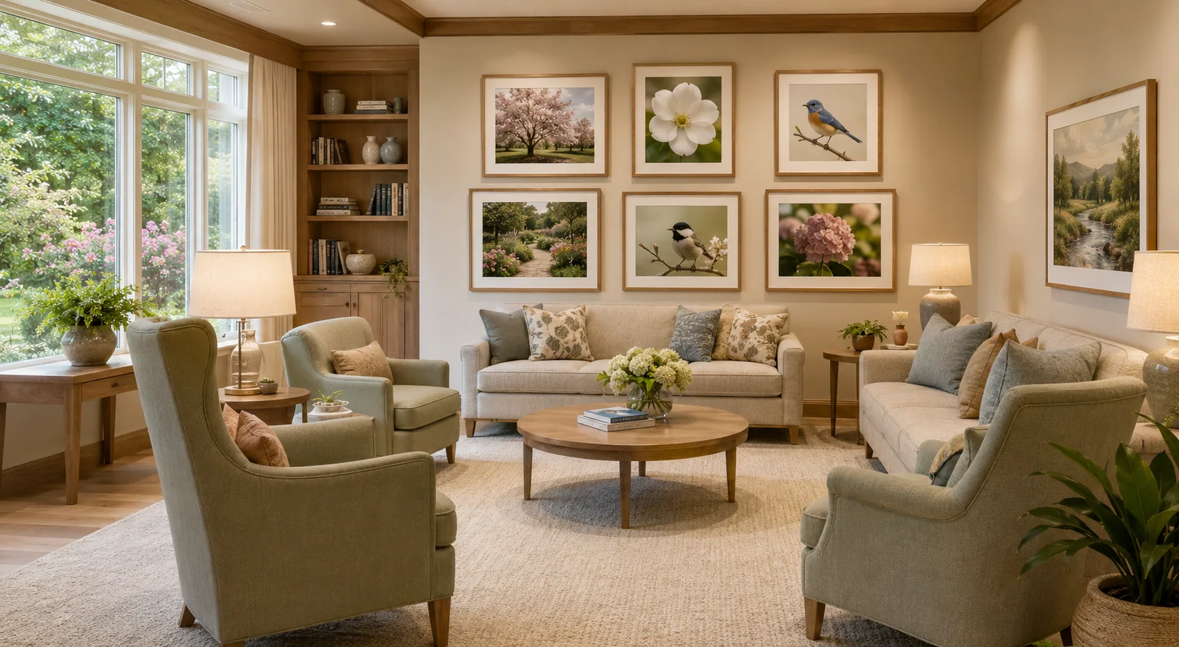 Recognizable nature artwork grouping in a senior living lounge