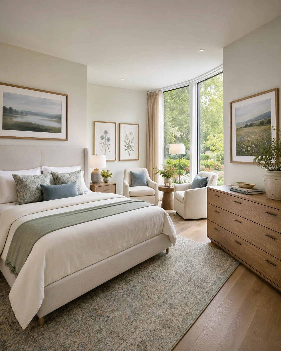 Senior living resident suite with coordinated landscape and botanical artwork