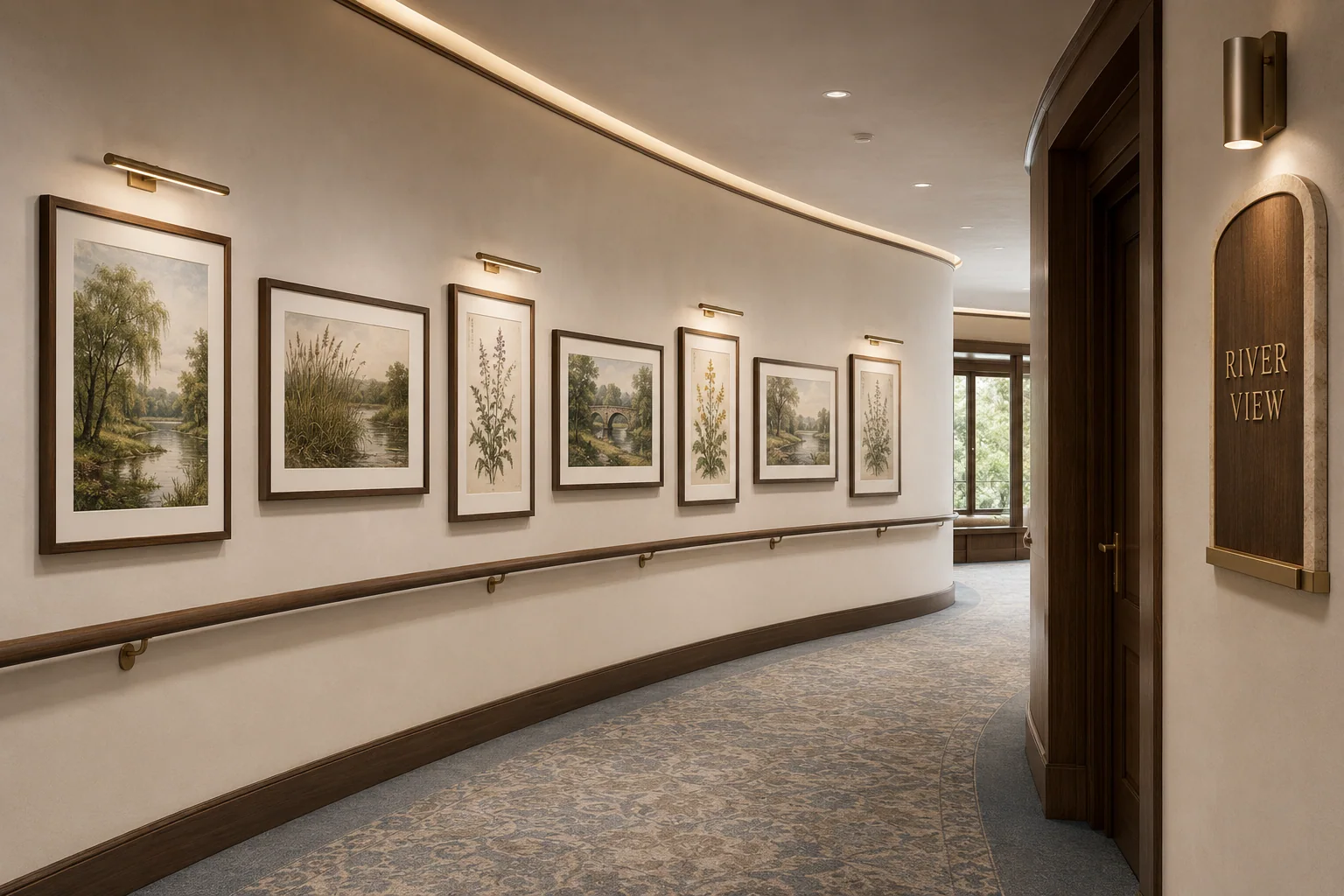 Curved resident corridor with a coordinated river and botanical series
