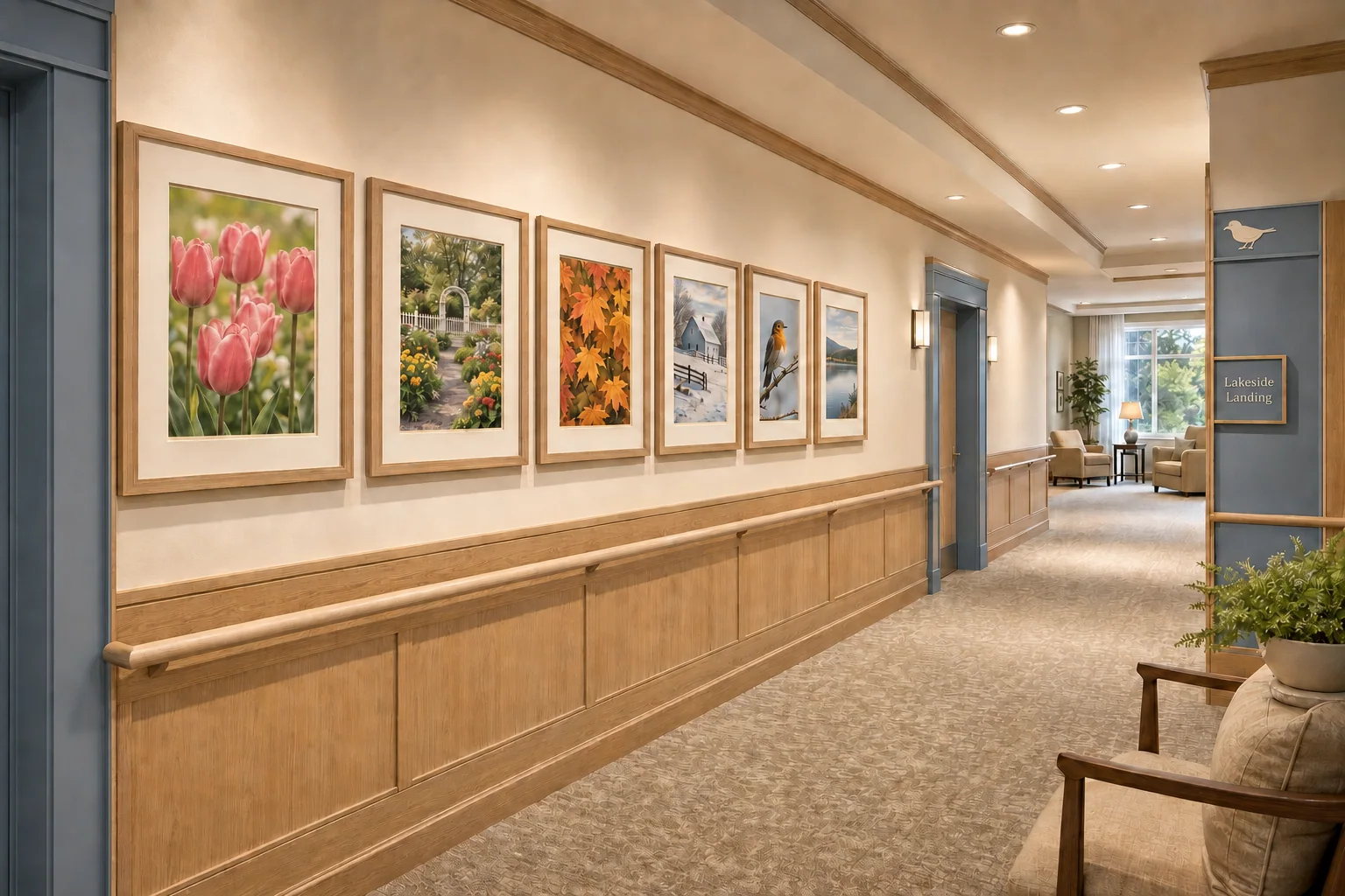 Resident corridor with a seasonal neighborhood artwork series