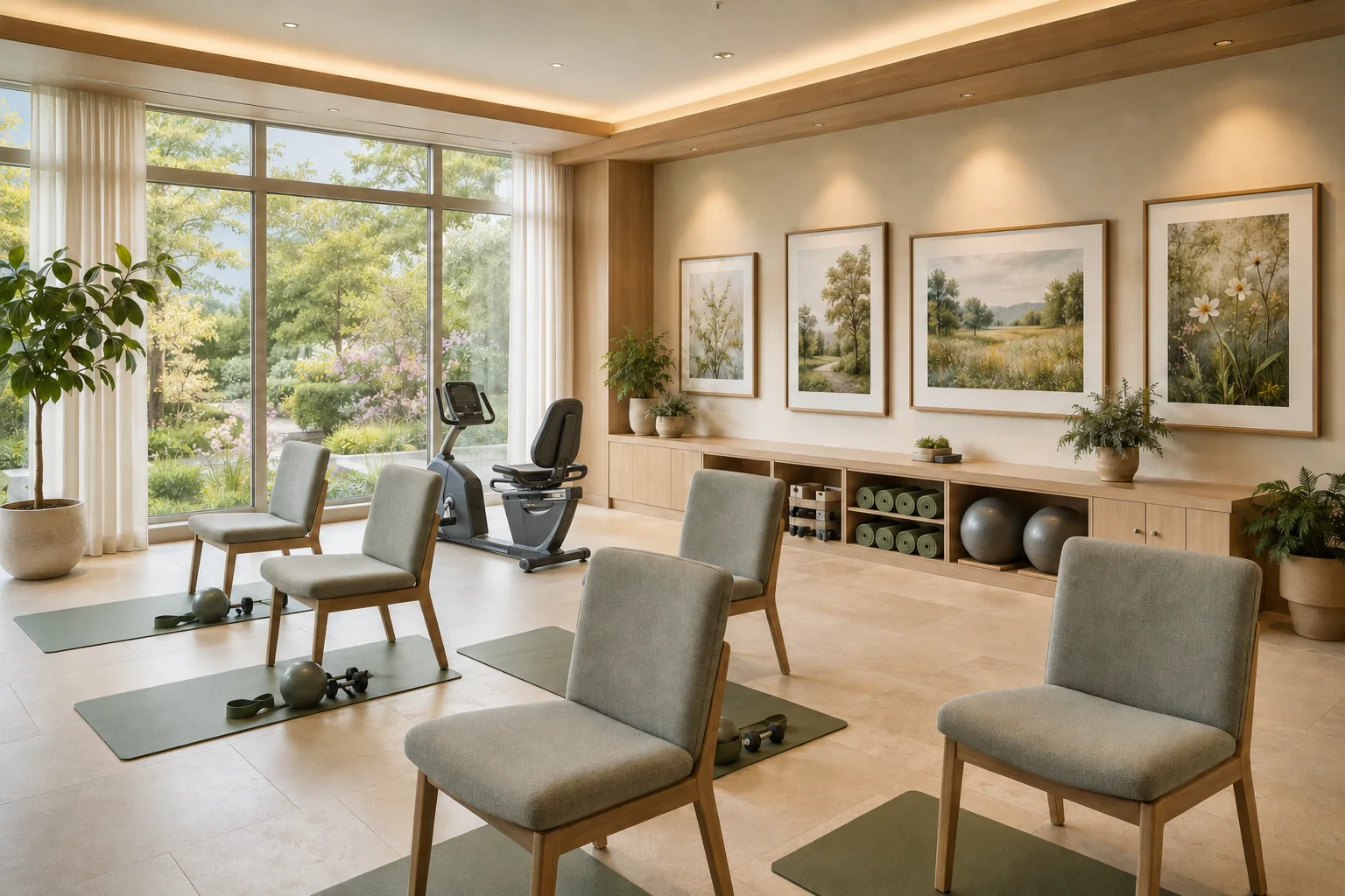 Senior living movement room with nature artwork
